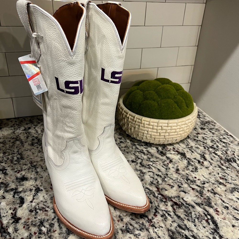 Women's White Leather LSU Vaccari University Leighton Boots 10.5 Tigers SEC